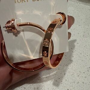 Tory Burch Rose Gold Logo Hoop Earrings
